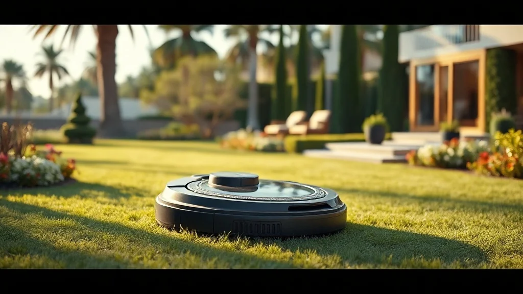 Robot tondeuse haut de gamme premium dans un jardin paysager élégant