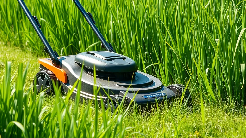 Robot tondeuse autonome coupant une pelouse d'herbe haute en été
