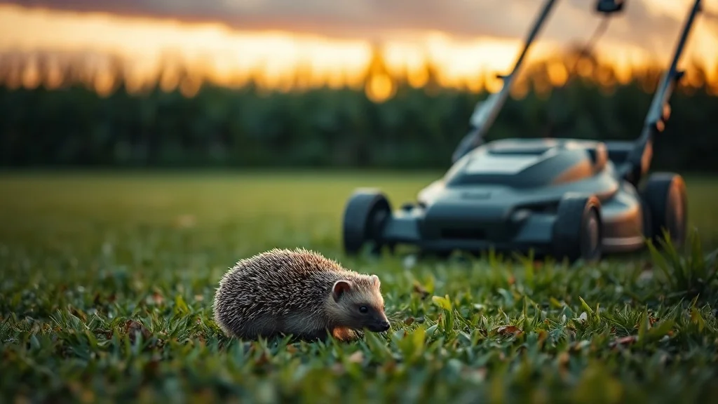 Hérisson sur une pelouse au crépuscule près d'un robot tondeuse arrêté