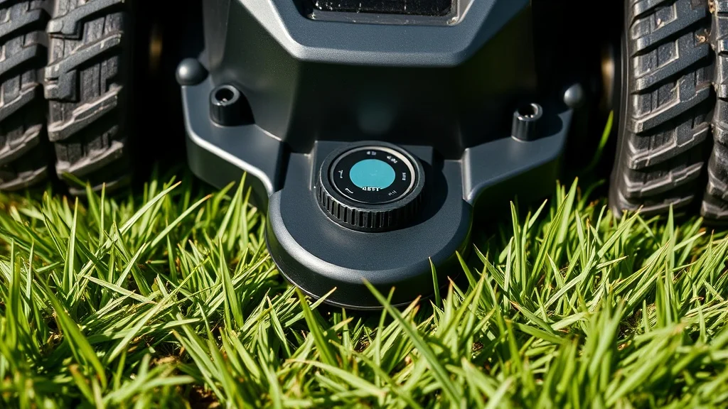 Robot tondeuse autonome en hivernage dans un jardin d'automne avec givre léger sur l'herbe