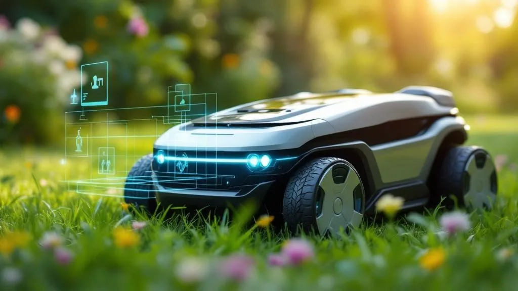 Robot tondeuse équipé de caméras et d'IA analysant un jardin