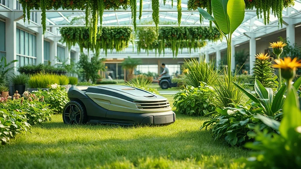Robot tondeuse exposé dans une jardinerie Jardiland entourée de plantes vertes