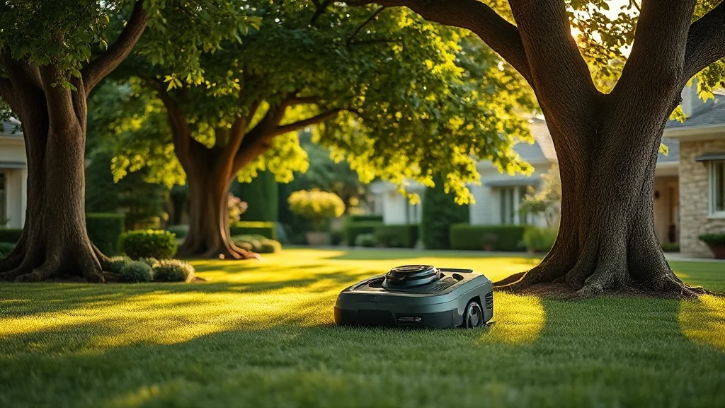 Robot tondeuse tondant sous des arbres dans un jardin arboré avec jeu de lumière tamisée