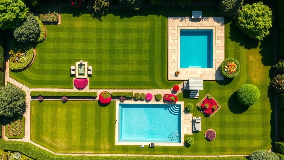 Vue aérienne d'un jardin en L avec piscine, terrasse et zones multiples — robot tondeuse jardin complexe 2026