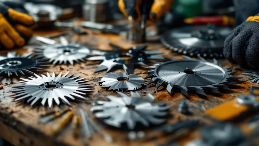 Lames de robot tondeuse de différents types posées sur un établi