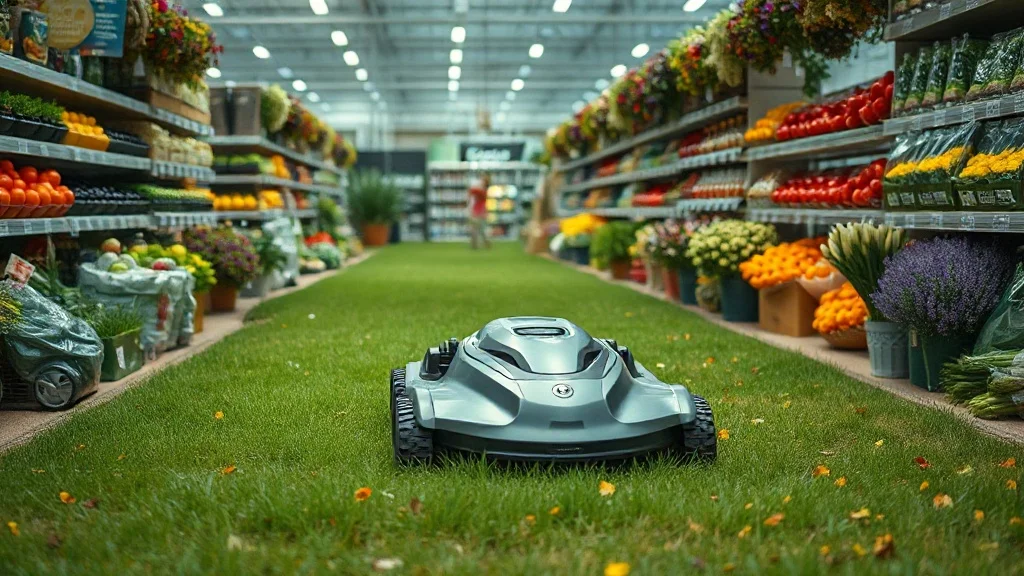 Robot tondeuse en rayon jardin d'un hypermarché E.Leclerc