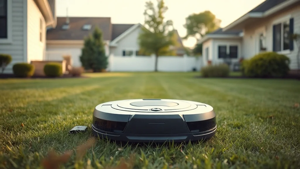 Robot tondeuse Mac Allister sur une pelouse de jardin pavillonnaire