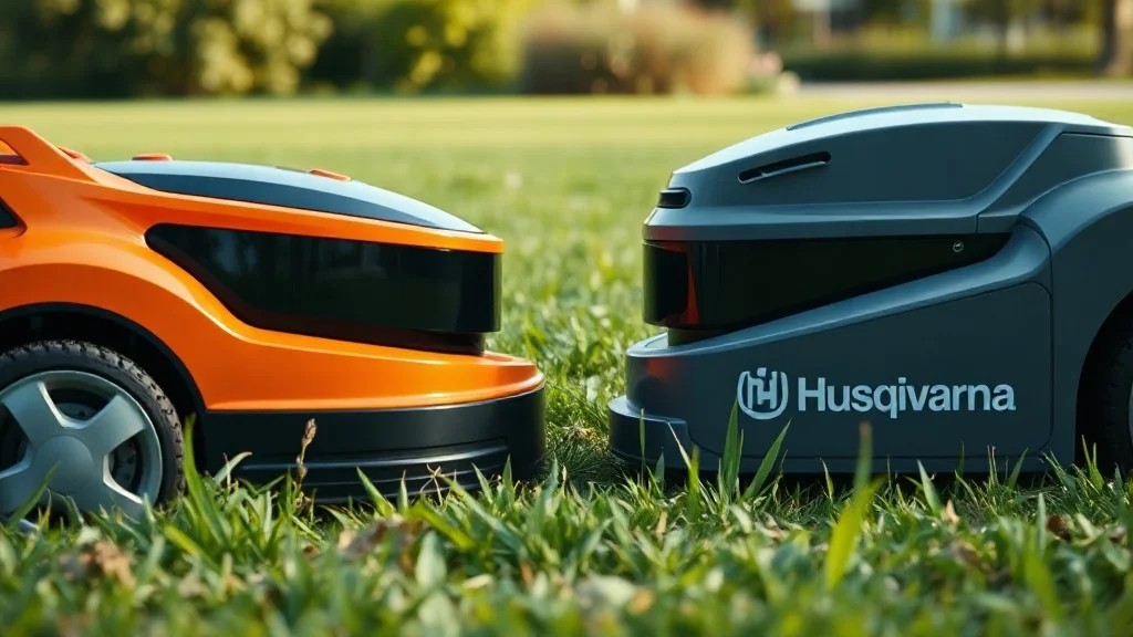 Robot tondeuse Mammotion orange face à un robot Husqvarna gris sur une pelouse
