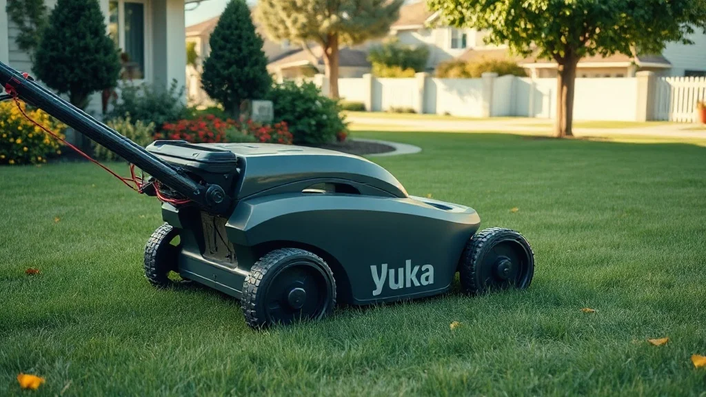 Robot tondeuse Mammotion Yuka avec son module de ramassage d'herbe sur une pelouse verte