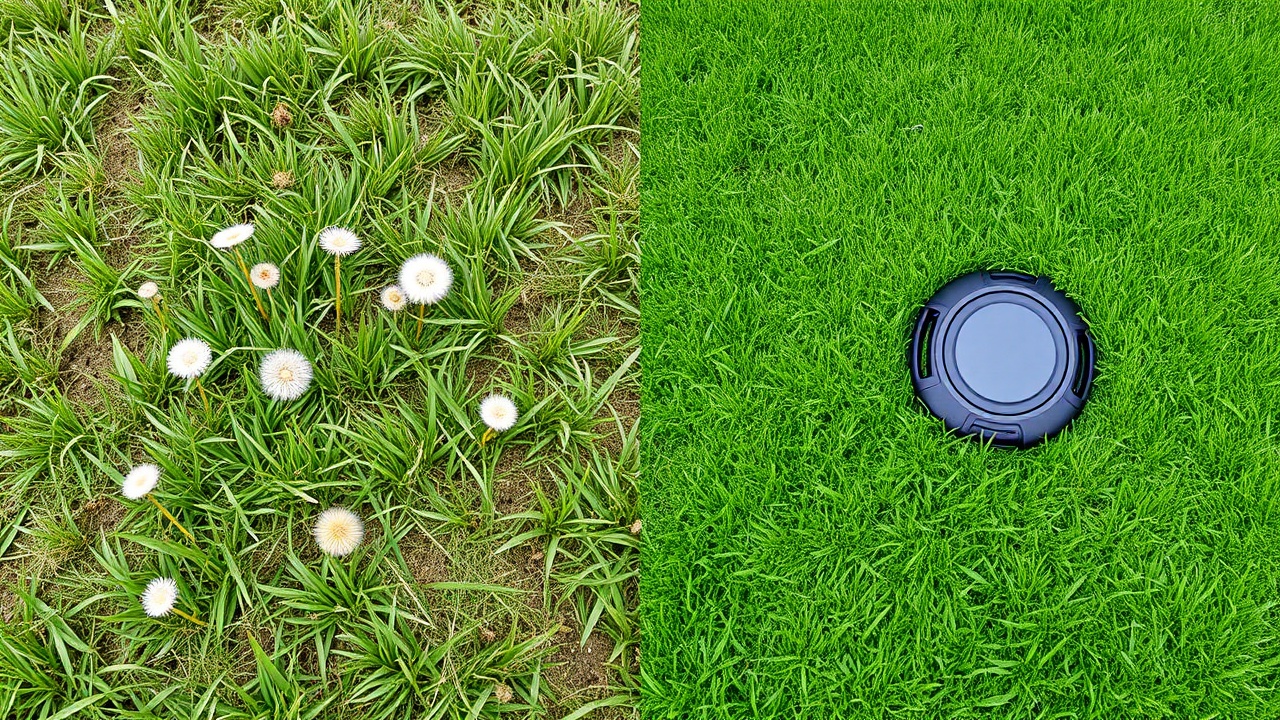 Robot tondeuse autonome sur un gazon vert et propre sans mauvaises herbes