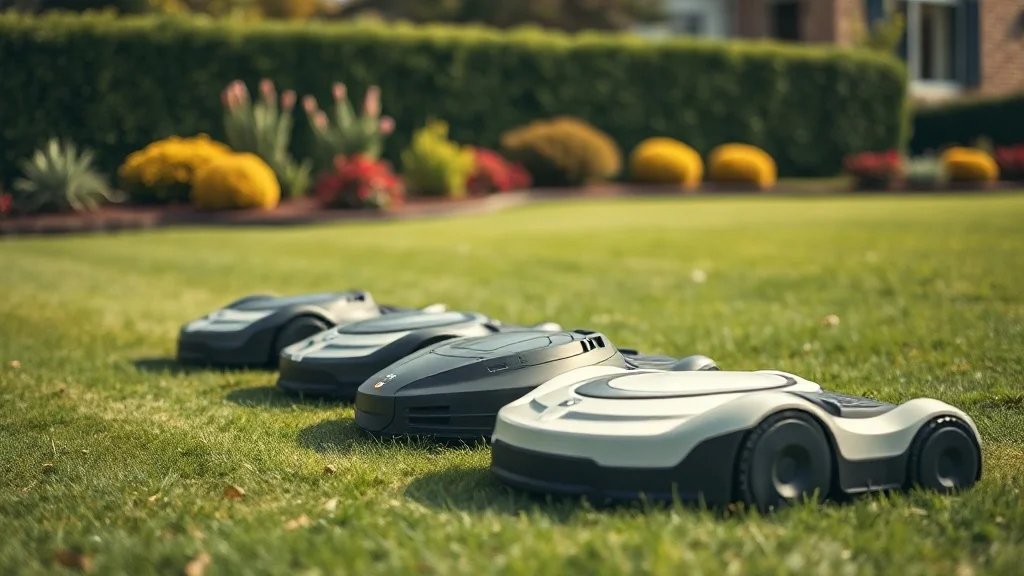 Plusieurs robots tondeuses de marques différentes alignés sur une pelouse pour comparaison
