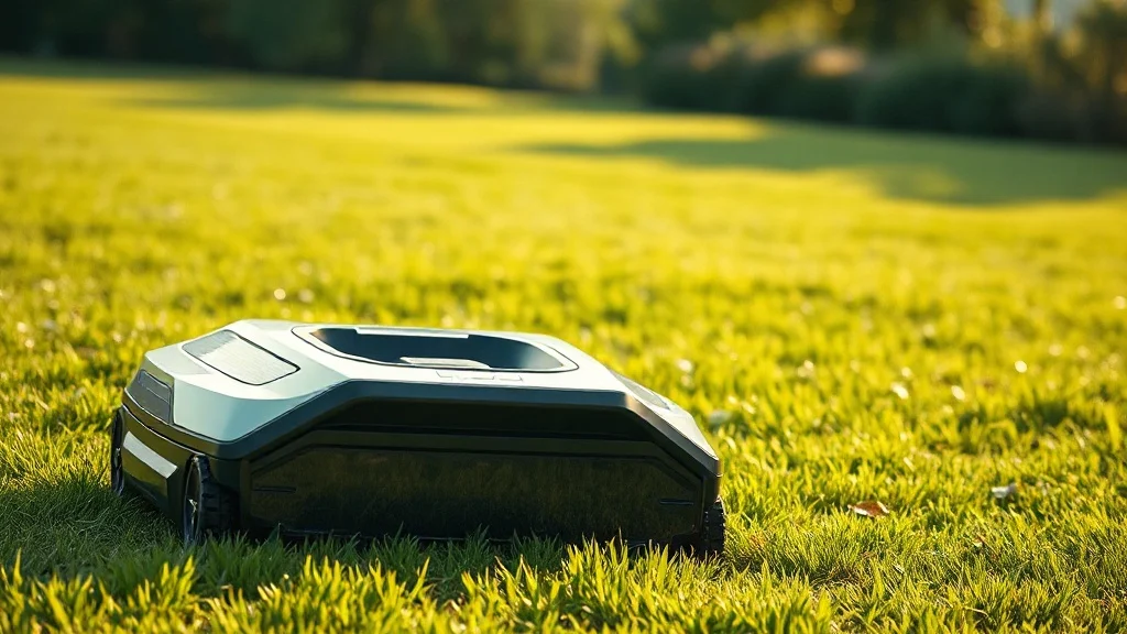 Robot tondeuse abordable sur une pelouse verte avec concept de comparaison de prix