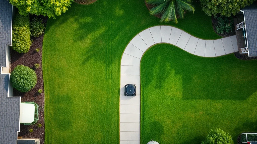 Vue aérienne d'un jardin divisé en deux zones par une allée, avec un robot tondeuse visible