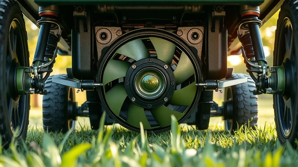Dessous d'un robot tondeuse montrant le disque de coupe et les lames lors d'un entretien