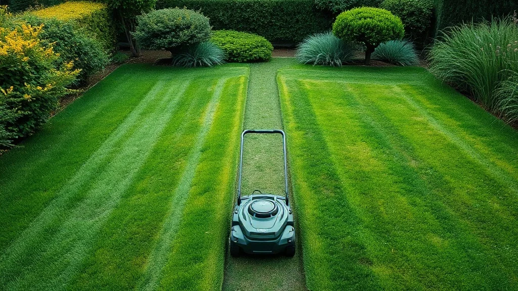 Jardin avec deux zones de pelouse reliées par un passage étroit et un robot tondeuse