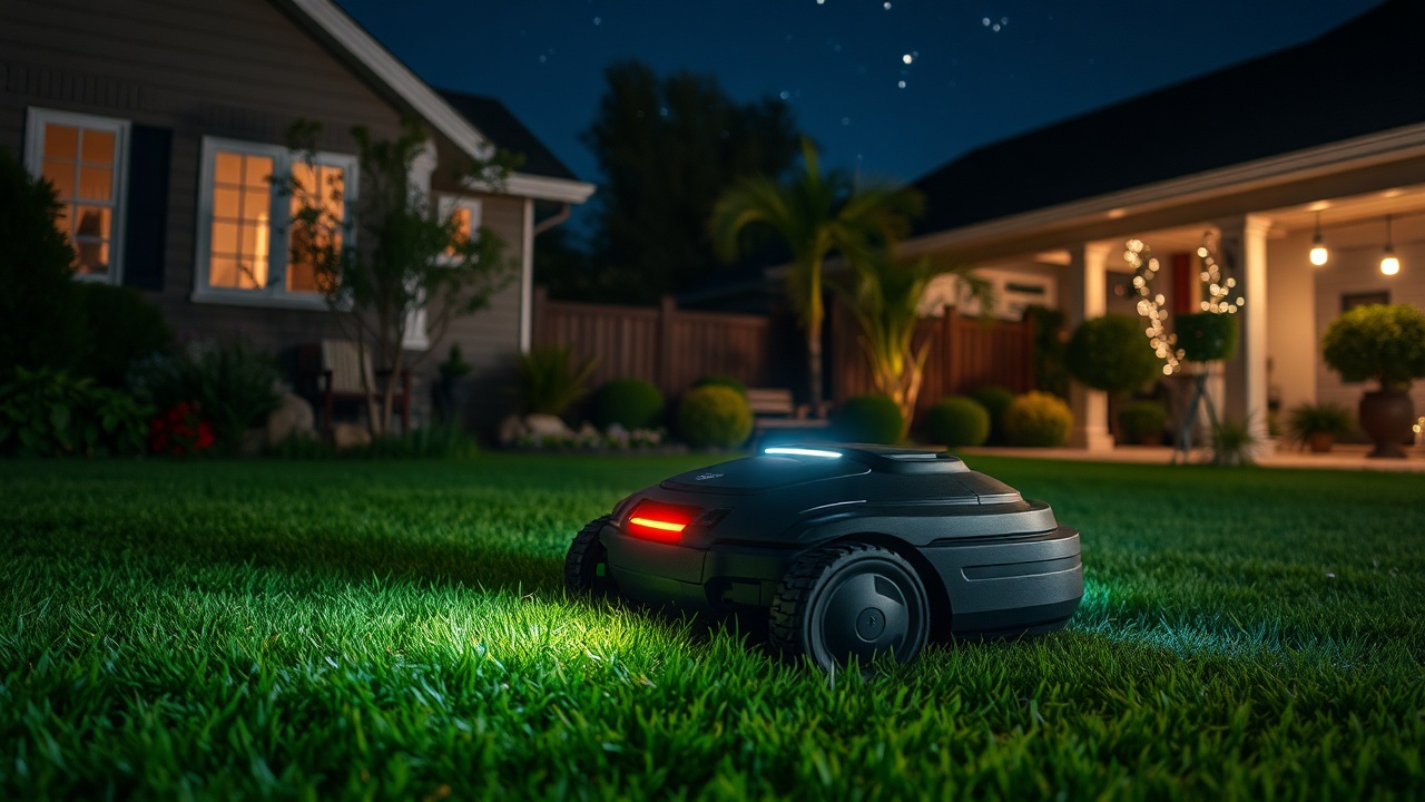 Robot tondeuse autonome tondant silencieusement la nuit dans un jardin éclairé