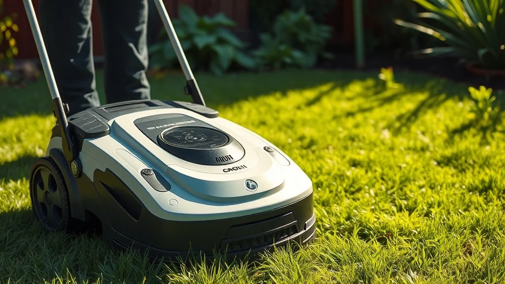 Robot tondeuse d'occasion inspecté avant achat dans un jardin