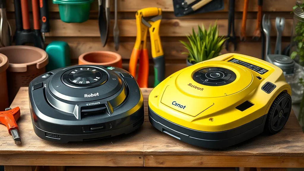 Inspection d'un robot tondeuse d'occasion sur un établi de jardin