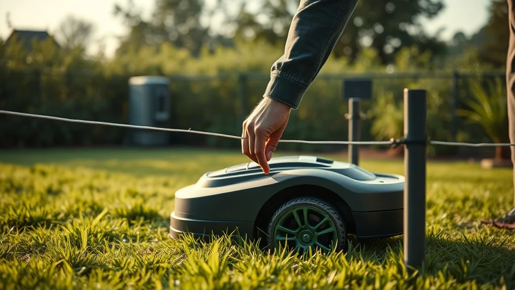 Main vérifiant le fil périmétrique coupé près de la station de charge d'un robot tondeuse