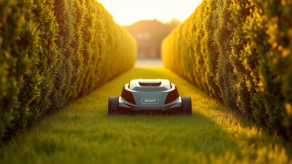 Robot tondeuse franchissant un passage étroit entre deux haies
