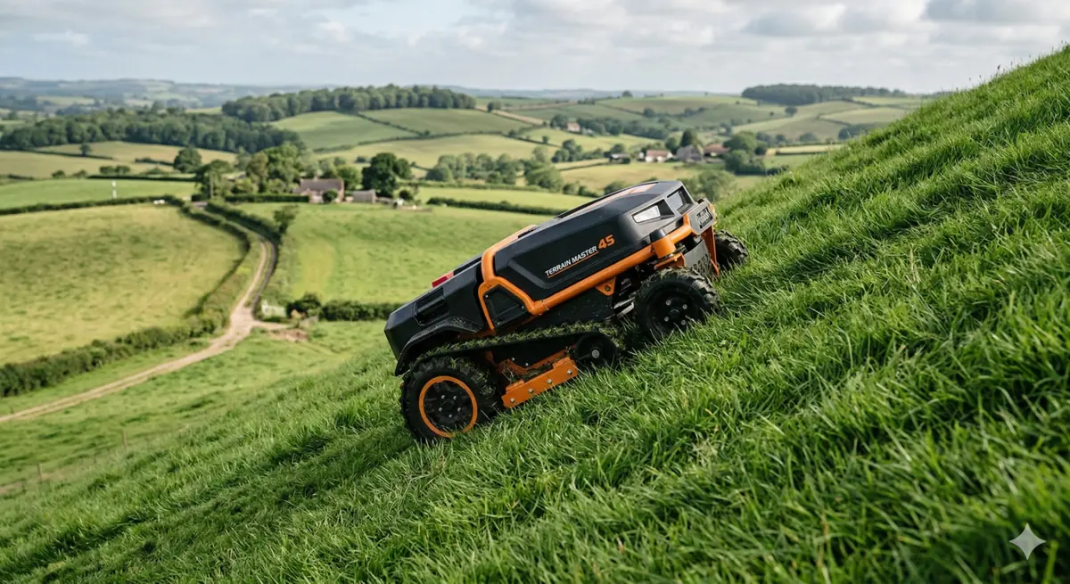 Robot tondeuse compact gravissant une pente raide de gazon vert dans un jardin vallonné