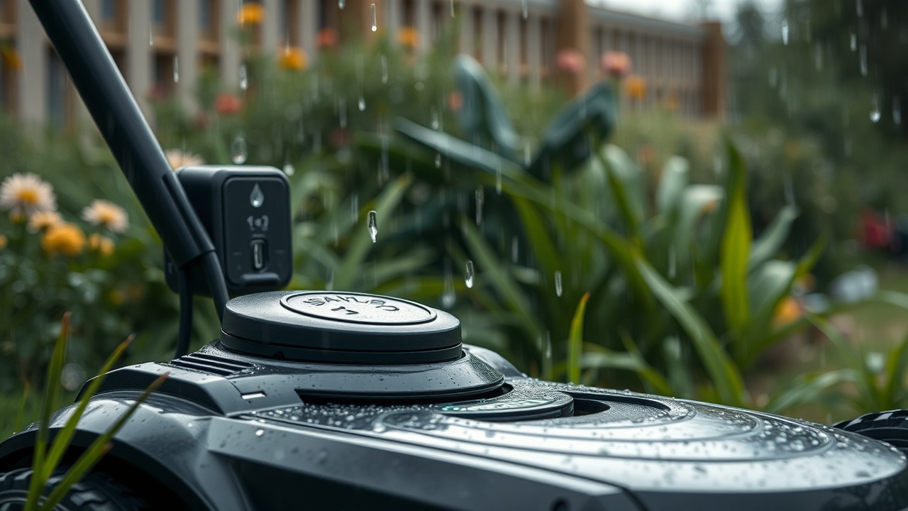 Capteur de pluie d'un robot tondeuse sous les gouttes, station de charge en arrière-plan