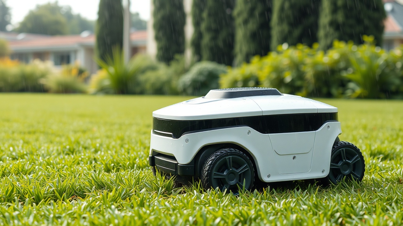 Robot tondeuse autonome fonctionnant sous la pluie dans un jardin vert