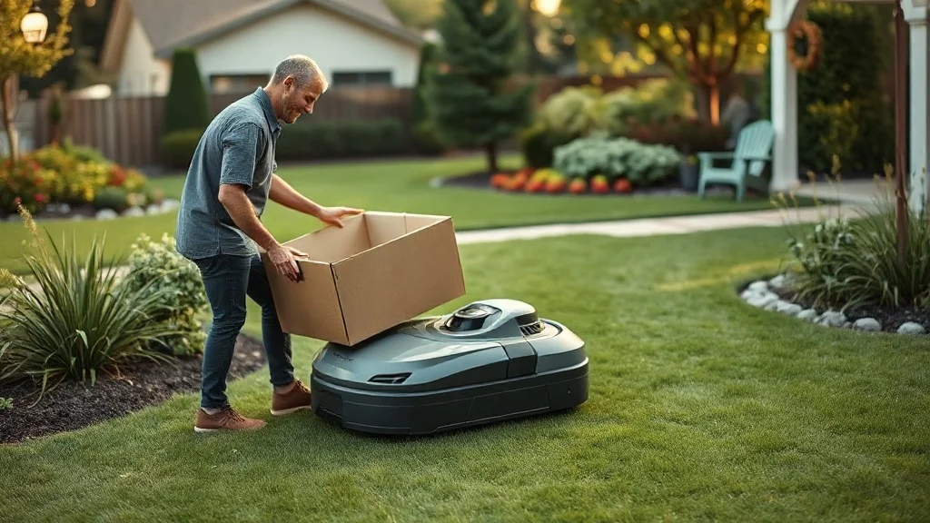 Propriétaire découvrant son premier robot tondeuse dans un jardin pavillonnaire