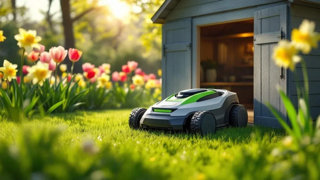 Robot tondeuse sortant de son abri au printemps dans un jardin verdoyant