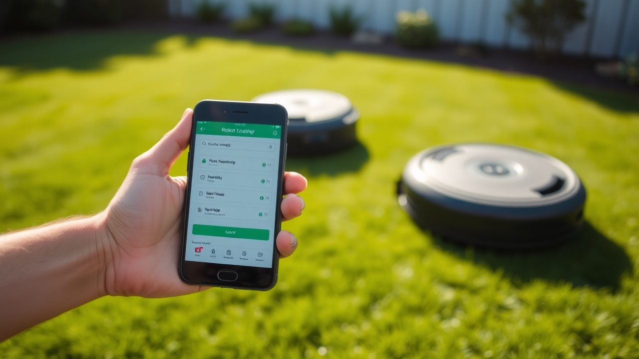 Personne programmant son robot tondeuse via une application smartphone dans le jardin