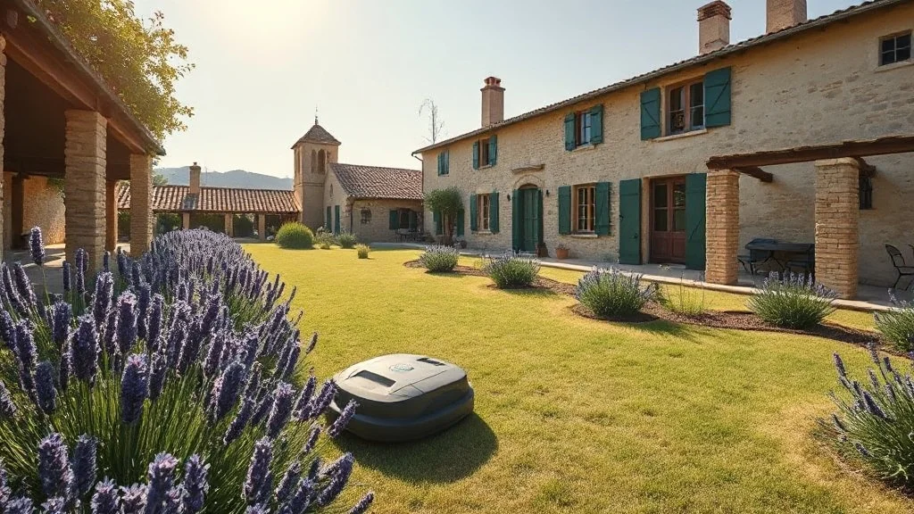 Robot tondeuse dans un jardin de mas provençal avec lavande, restanques en pierre et pelouse sèche