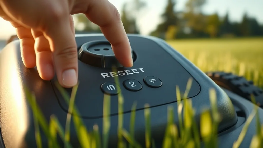 Doigt appuyant sur le bouton de réinitialisation d'un robot tondeuse