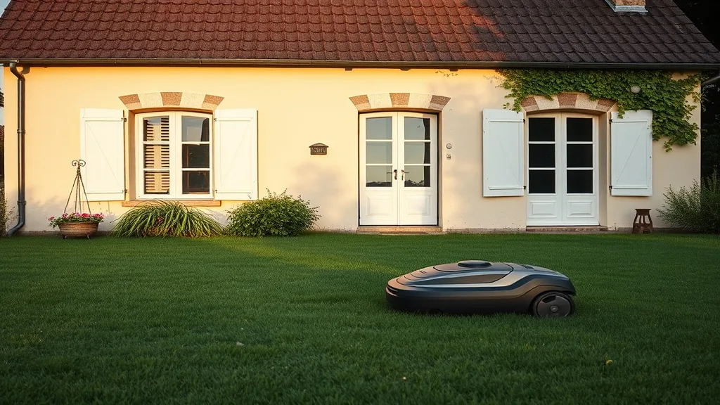 Maison de campagne avec robot tondeuse autonome dans le jardin