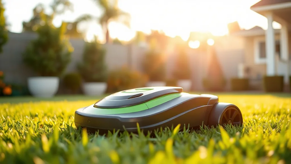 Robot tondeuse Ryobi sur une pelouse verte soignée
