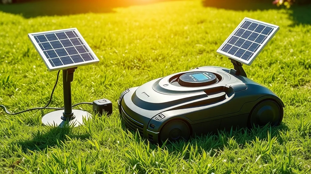 Robot tondeuse solaire avec panneau solaire dans un jardin ensoleillé