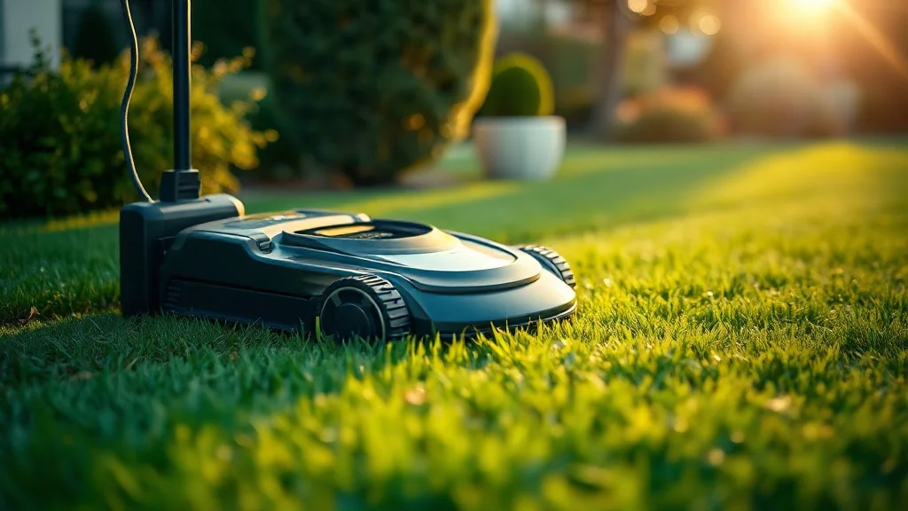 Station de charge d'un robot tondeuse dans un jardin