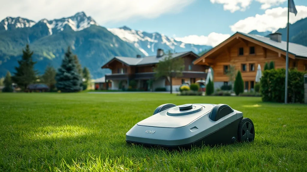 Robot tondeuse dans un jardin suisse avec les montagnes en arrière-plan