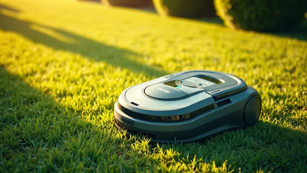 Robot tondeuse Sunseeker sans fil sur une pelouse verte, navigation LiDAR et Vision AI