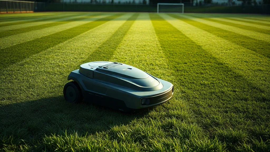 Robot tondeuse sur un terrain de football avec des rayures parfaites sur la pelouse