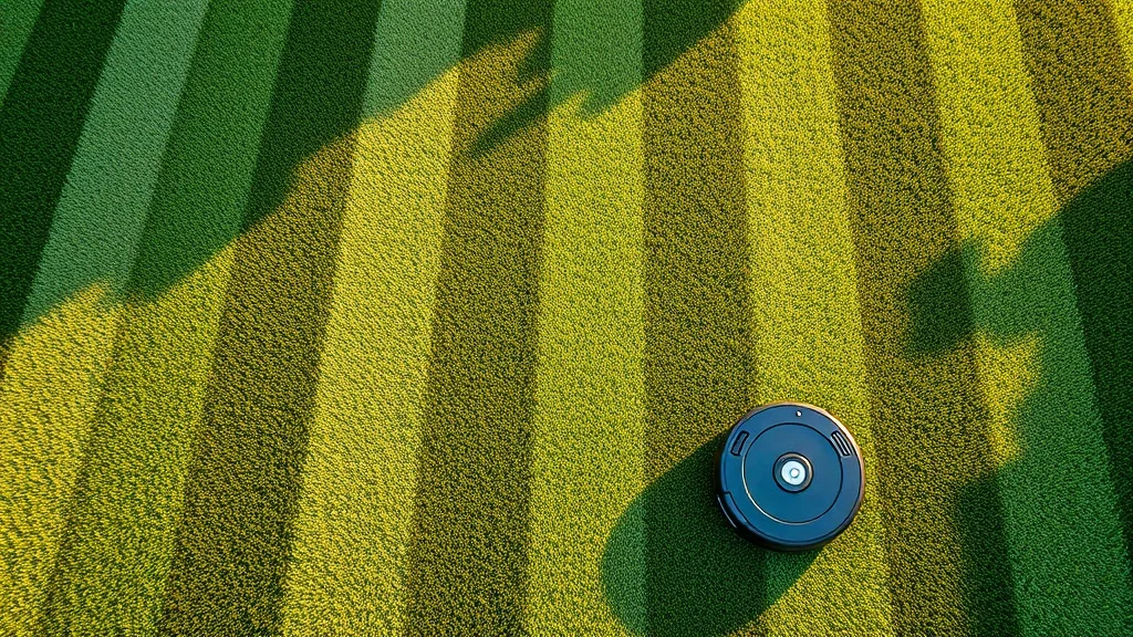 Robot tondeuse créant des bandes parallèles sur une pelouse verte