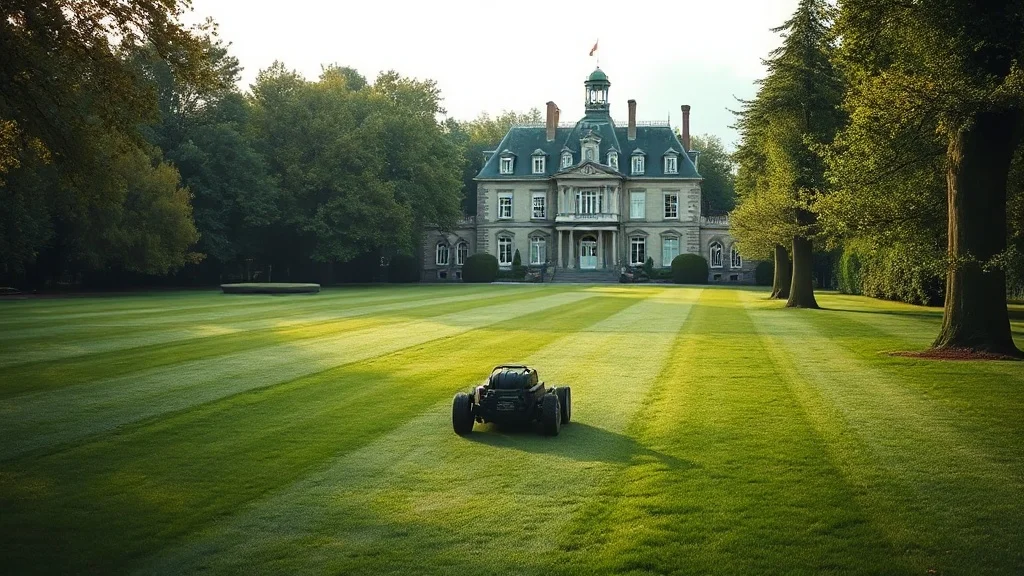 Robot tondeuse sur la pelouse d'un grand parc arboré au bord de la Loire en Touraine