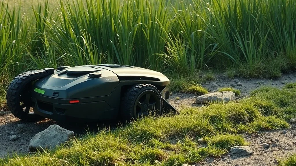 Robot tondeuse tout-terrain franchissant un sol irrégulier couvert d'herbe haute