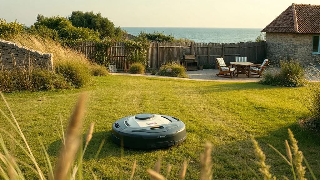 Robot tondeuse adapté au littoral vendéen dans un jardin côtier face à l'Atlantique