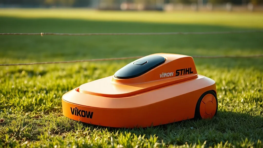 Robot tondeuse Viking iMow orange avec fil périmétrique sur une pelouse verte bien entretenue