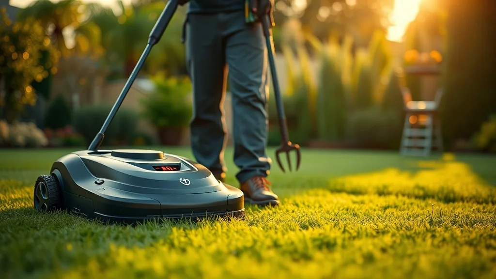 Robot tondeuse face à un jardinier professionnel dans un jardin soigné