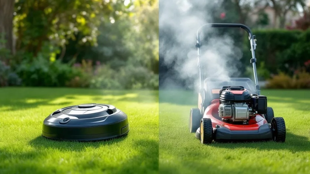 Robot tondeuse face à une tondeuse thermique sur une pelouse anglaise