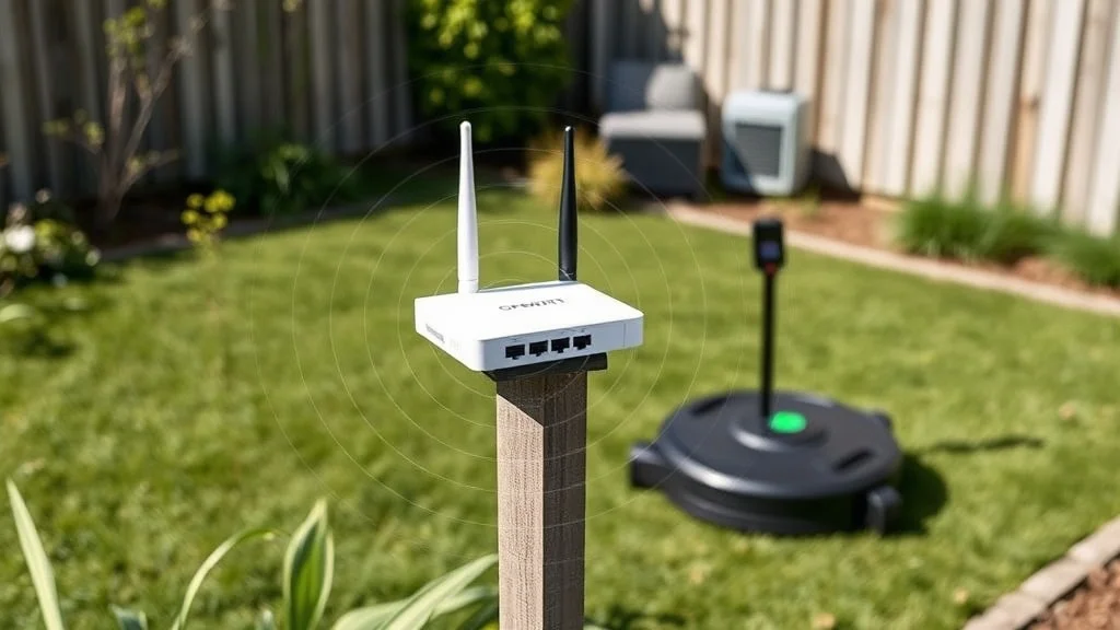 Routeur OpenWRT dans un boitier étanche installé dans un jardin pour étendre le WiFi d'un robot tondeuse