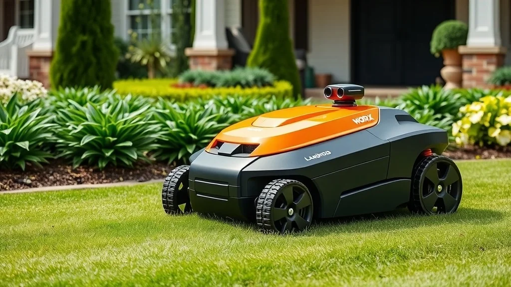 Robot tondeuse Worx Landroid Vision orange dans un jardin