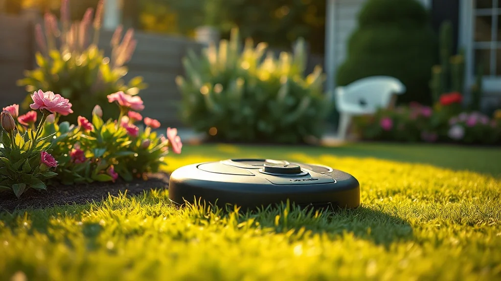 Robot tondeuse Yard Force dans un jardin résidentiel
