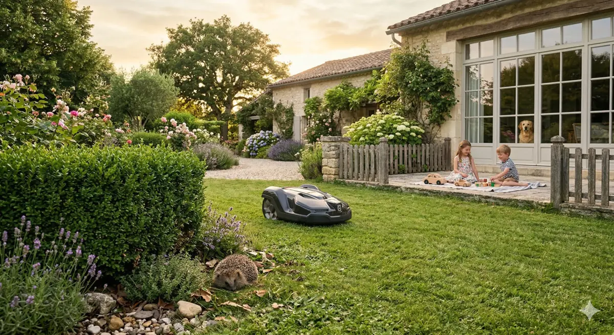 Robot tondeuse et sécurité : enfants jouant dans un jardin avec un hérisson et un chien